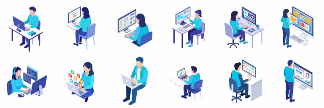 Isometric Style Collection People Working with Computer, Laptop Illustration Set