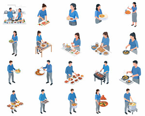 Isometric Detailed Cooking Preparation Variety Activity Character Set Illustration