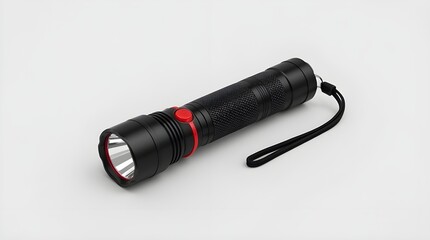 A compact handheld flashlight lies on a plain white background, its design combining a sleek black body with bold red accents.