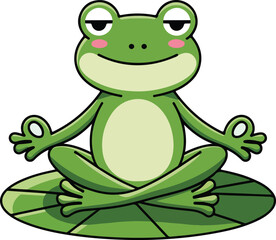 Fototapeta premium Cute cartoon frog meditating on green lotus leaf illustration