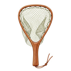 detailed, hand-painted watercolor illustration of a classic wooden fishing landing net with soft mesh and leather lanyard, isolated on a stark white background. Concept of nostalgic fly fishing hobby