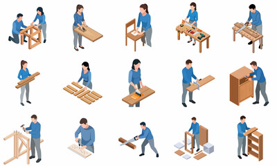 Fototapeta premium Isometric People Assembling Wooden Furniture Carpentry Working Character Set