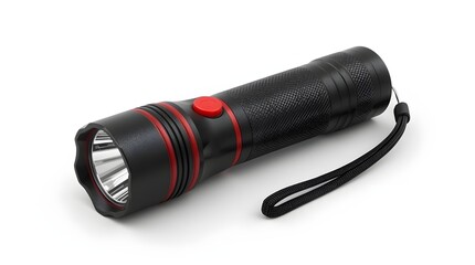 Black flashlight isolated on a white background. Attached to the end is a thin wrist strap, slightly curved as it rests naturally beside the flashlight.