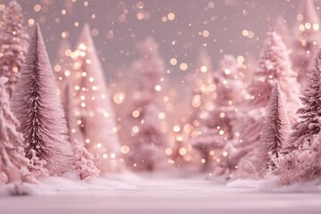 Pink Christmas background featuring snowy trees adorned with glowing star lights, creating a magical winter wonderland atmosphere for festive celebrations and holiday greetings