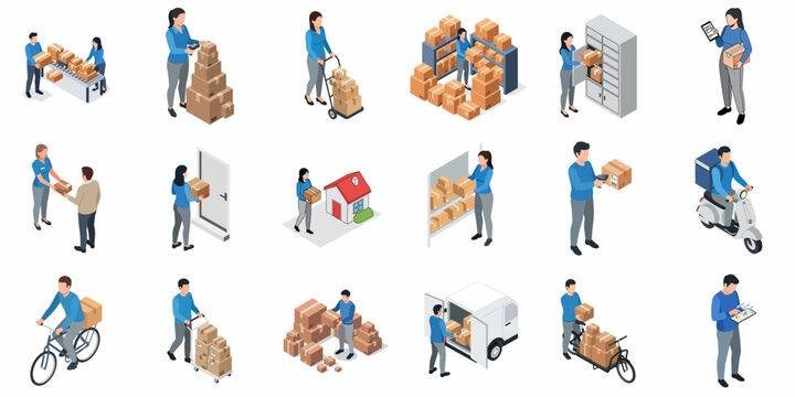 Isometric Detailed Delivery Process and Shipping Logistics with People and Boxes Illustration