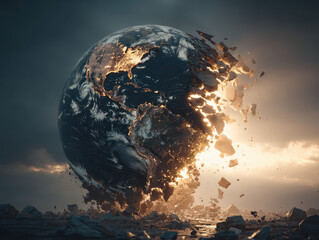 Brightly illuminated Earth at night showing continents with glowing cities fragmenting and shattering into pieces against a dramatic cloudy sky background.