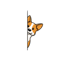 Cute 2D cartoon illustration of a quirky corgi peeking from behind a vertical line on a clean white background, simple and playful design