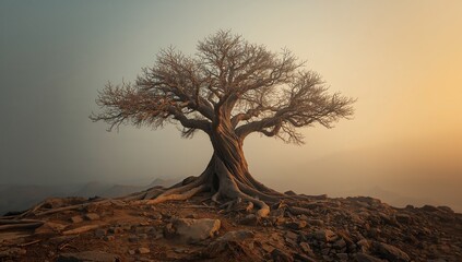 Standing gnarled tree receiving warm light on rocky plateau, with exposed roots and rocks