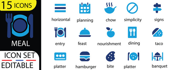 Meal icon set.Solid Meal Planning Icons: Minimalist Vector Food & Dining Signs.meal, food, icon, vector, dining, planningand more. Vector solid icons collection.