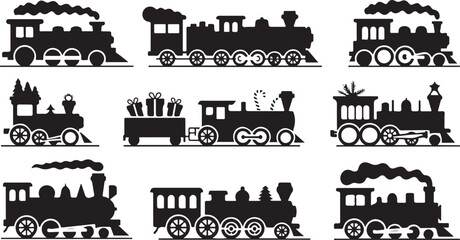 Obraz premium Nine Black Silhouette Designs Of Festive Steam Trains With Christmas Elements locomotive engine