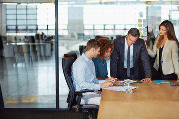 Business, team and people with paperwork in meeting for annual planning, financial forecasting or KPI. Staff, group and documents in boardroom for brainstorming, budget review and finance reporting