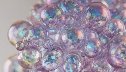 Showing macro soap bubble cluster reflecting pastel iridescence in studio, with highlights