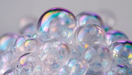 Showing translucent soap bubbles cluster shimmering on pale gray backdrop, with iridescent film