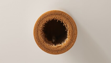 Sitting hollow wafer tube on off-white tabletop, showing crumbly inner rim with sugar fragments