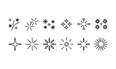 Shiny sparkle star light burst effect outline vector icon set collection graphic design elements