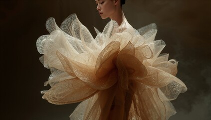 Posing Asian female model wearing voluminous sculptural tulle gown in studio, with haze, soft light