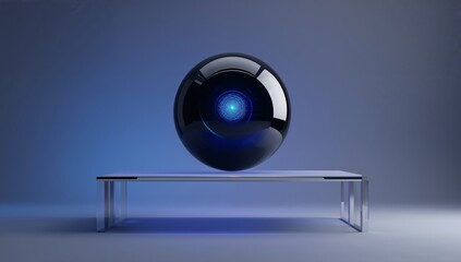 Hovering glossy black sphere showing blue core in clean studio, with metal bench and polished floor