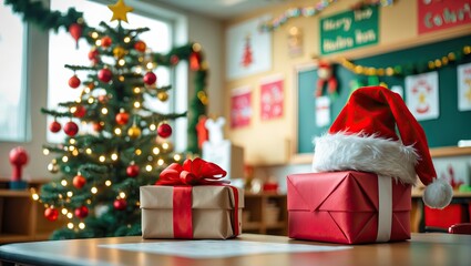 Christmas classroom with gifts and decorated tree — AI generated