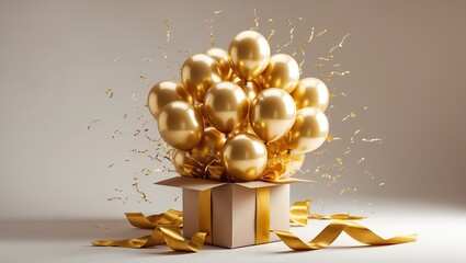 Gift box with golden balloons and confetti &mdash; AI generated
