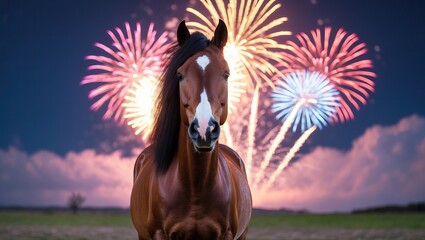 Horse under nighttime fireworks display &mdash; AI generated