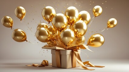 Gift box with golden balloons and confetti &mdash; AI generated