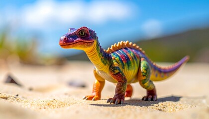 Colorful Dinosaur Toy on Sandy Beach.