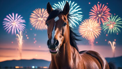 Horse under nighttime fireworks display &mdash; AI generated