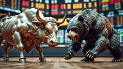 Bull and bear facing off in front of digital stock market board — AI generated