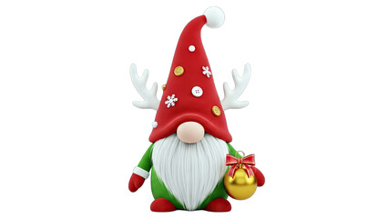 Christmas Gnome Holding Ornament on White Background