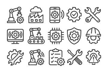 Industrial automation icons: gear, robot arm, chip, tools, safety helmet, settings.