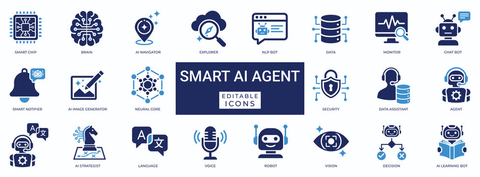 Smart AI agent solid icon set featuring virtual chat bot assistant, digital robot support, machine learning brain, and voice technology automation vector symbols