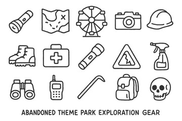 Abandoned theme park exploration gear sketch with tools and safety items.