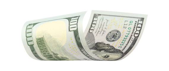 Curved hundred dollar banknote, isolated on transparent cutout background