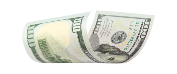 Curved hundred dollar banknote, isolated on transparent cutout background