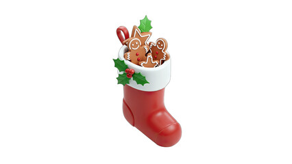 Christmas Stocking Filled with Gingerbread Cookies on White Background