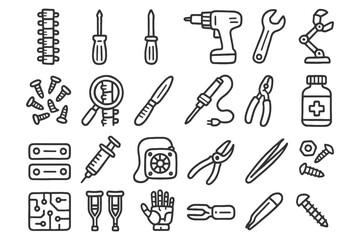 Line art icons of tools and medical equipment including drill, wrench, and scissors.