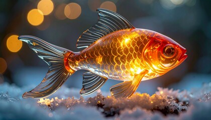 Glowing Goldfish Ornament on Snowy Surface with Bokeh Lights.