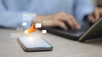 3D megaphone and customer review stars on mobile phone screen.