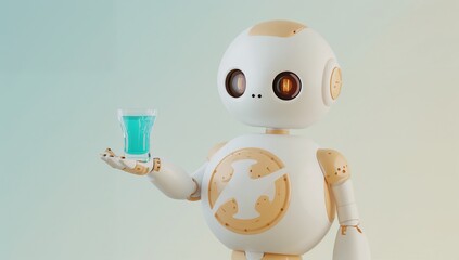 Extending humanoid robot holding glass with bright turquoise liquid in studio, amber eyes