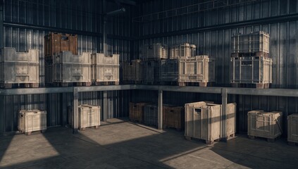 Occupying stacked wooden crates and pallets, casting sunlight shafts inside warehouse with shelving