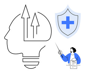 Silhouette head with arrows denoting growth, health shield with cross, educator holding a pointer. Ideal for growth mindset, health, professional guidance, innovation, safety, education simple flat