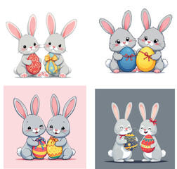 Vsai cute cartoon easter bunnies holding decorated eggs celebrating holiday