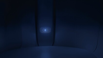 Glowing hexagonal-mesh grille sitting in navy-blue curved-panel pod, emitting cool blue symbol