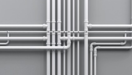 Showing bundled white pipes in grid-like layout against grey wall, with T-joints and clamps