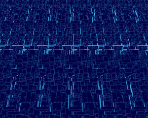 Abstract wireframe cubes form a grid pattern on a blue background, featuring squares of varying sizes and light to dark shades for a futuristic, technological wallpaper effect.