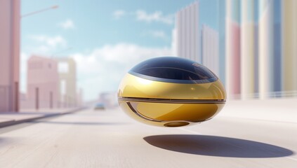Hovering glossy yellow hover pod casting shadow above future boulevard, near low-rise and high-rise
