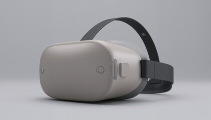 Displaying consumer VR headset sitting on studio tabletop, showing front sensors and dark strap