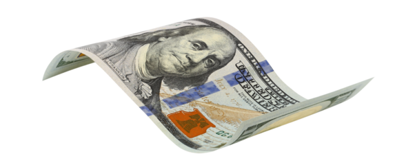 Curved hundred dollar banknote, isolated on transparent cutout background