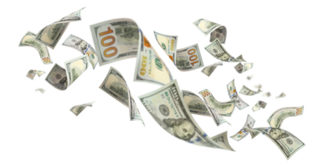 Flying hundred dollar bills, isolated on transparent cutout background