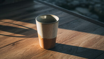 Ceramic Cup on Wooden Surface in Sunlight, Minimalist Still Life